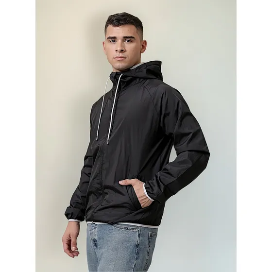 Campera Hombre Rompeviento Con Capucha Y Bolsillos Lisa
