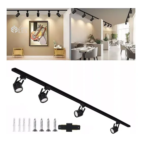 4 Foco Riel Dimeable 220v + Riel Monofásico 2mt Negro Gu10