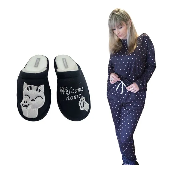 Pijama Margon Combo Mujer Mas Pantuflas Gatito Piel
