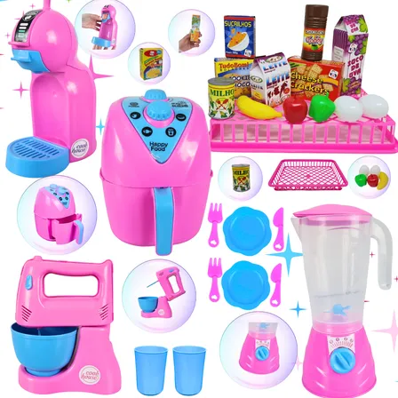 Kit Cozinha Brinquedo Eletrodomésticos + Comidinhas - 24pcs Rosa
