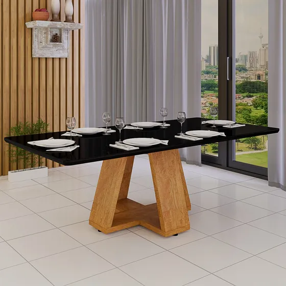 Mesa Jantar 6 Lugares 160x80 Mdf Luxo Tampo Vidro Temperado