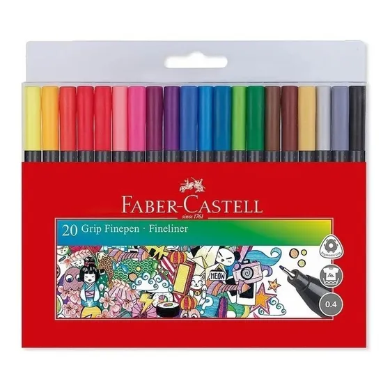 Micropunta Grip Fine X 20 Faber Castell Tinta Negro Exterior Rojo