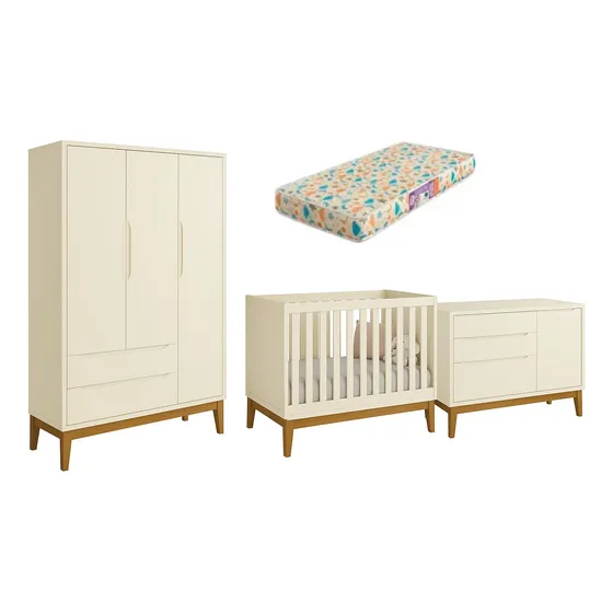 Conjunto Quarto Bebê Cômoda Berço Roupeiro Madeira Colchão