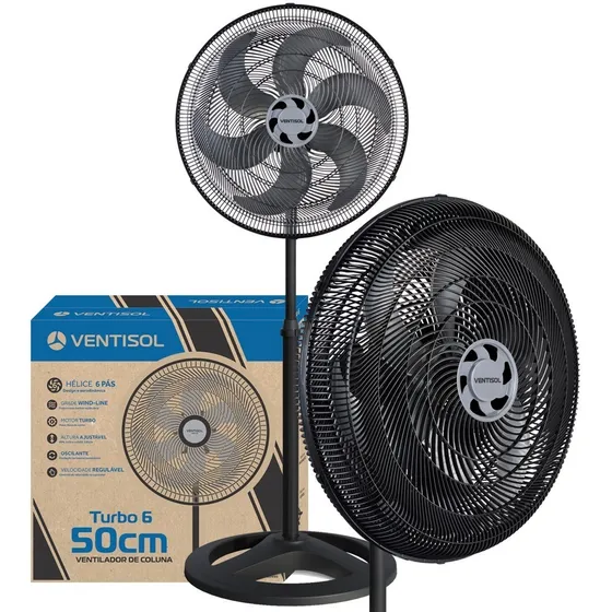 Ventilador De Coluna Turbo 6 Pás 50cm Preto Ventisol 220v
