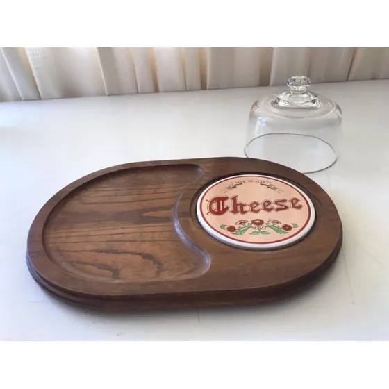 Tabla Picar Quesosfiambres,madera,porcelana Y Domo De Vidrio