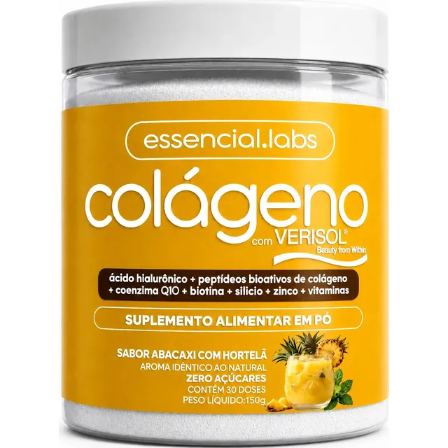 COLÁGENO VERISOL® - Fórmula Exclusiva com Ácido Hialurônico + Coenzima Q10 + Biotina + Silício + Zinco + Peptídeos Bioativos + Vitaminas - Sabor Abacaxi com Hortelã - 30 doses