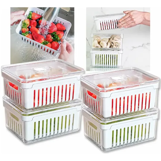 Kit 4 Organizadores Geladeira Acrílico Transparente 2,2L Clear Fresh Cestos Organizadores De Geladeira Frutas Verduras Salada