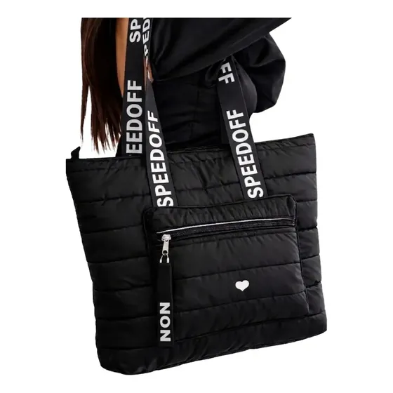 Cartera de Mujer Grande Puffer Negra con Cierre y Bandolera