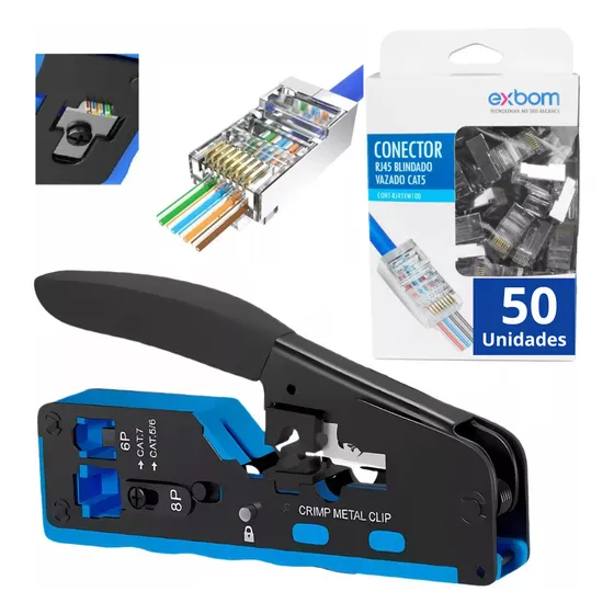Alicate Crimpar Rj45 Vazado Rj11 Cat5/6/7 + 50 Rj45 Blindado
