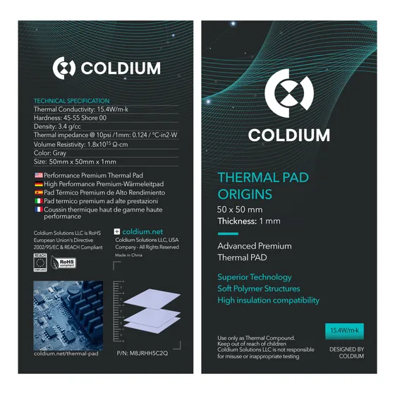 Pad Térmico Coldium Origins 50x50x1.0mm Premium Oc 15.4w/m-k PC PS4 PS5 PS3 Notebook Xbox Tarjetas Gráficas Pad Ultra Soft De Alta Conductividad Térmica Para Gaming Y Soporta Overclocking