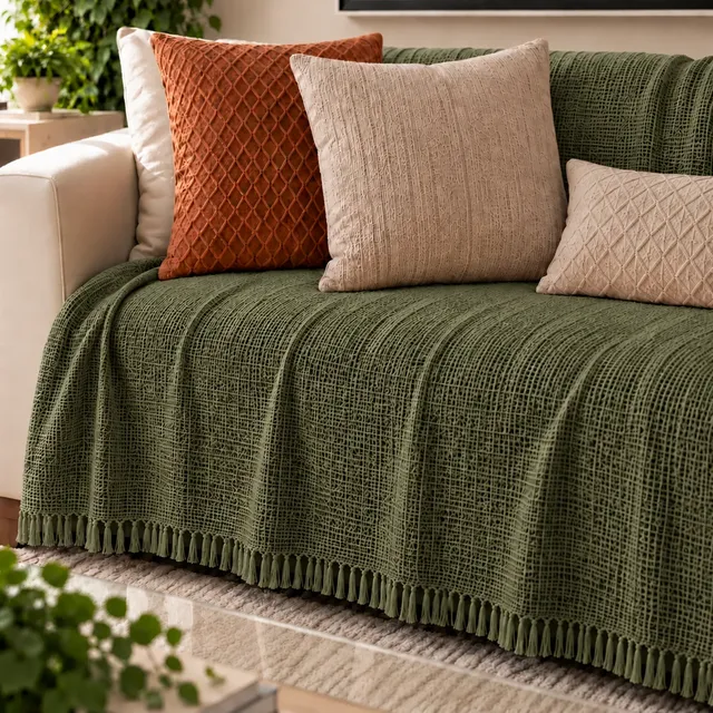 Manta Para Sofá 300 x 180 Super Grande Decorativa Luxuosa Verde Militar