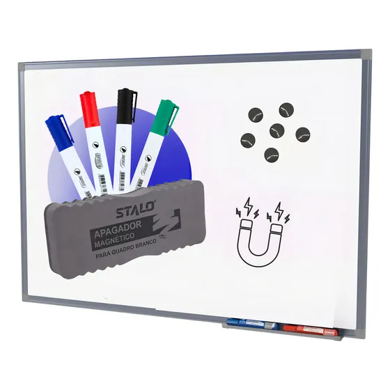 Lousa Quadro Branco Magnético Alumínio 120x90 + 4can 1apg