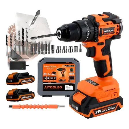 Parafusadeira Furadeira De Impacto Brushless Sem Fio Profissional 21v 2 Bateria 1450rpm 55nm Aitoolzo Laranja 127/220v