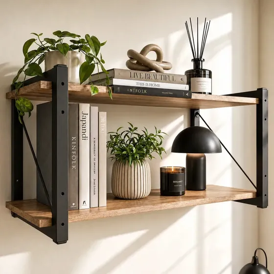 Nicho 60cm Decorativo De Parede Estilo Industrial Com 2 Prateleiras Em Madeira E Estrutura Metal Pre