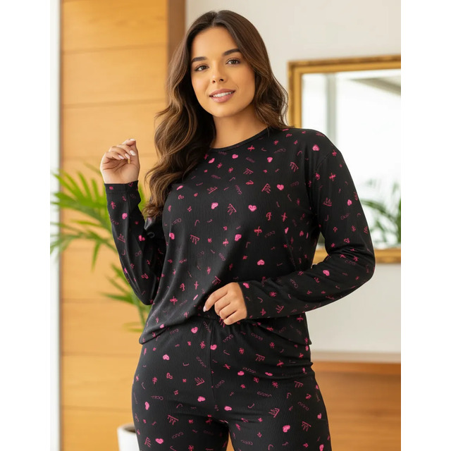 Pijama Feminino Longo Inverno Canelado Confortável Premium Preto Desenho M