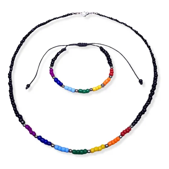 Conjunto Collar Pulsera Mostacillas Colores 7 Chakras Acero