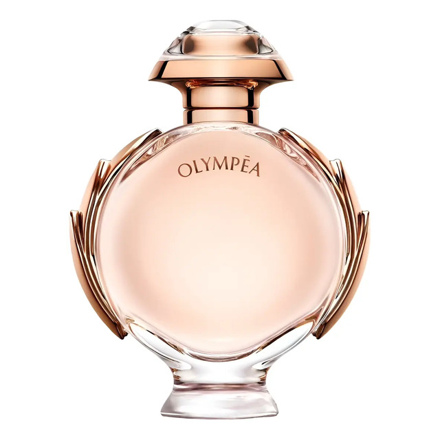 Frasco de vidro transparente do perfume Paco Rabanne Olympéa com detalhes em metal rosado e formato arredondado