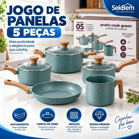Jogo De Panelas 5 Peças Cerâmica Indução Gás Fundo Triplo SekBem