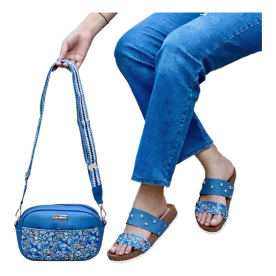 Sandalia Bajita Casual Para Dama Con Bolso 100% Cuero