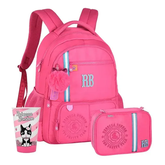 Mochila Rebeca Bombom Com Estojo Escolar Juvenil Rb Pompom