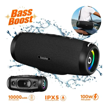 Caixa De Som Bluetooth 100w Potente Basike Ba-RAD293 Boombox Portátil A Prova D'agua IPX5 Bateria 10000mAh Power Bank Alca De Ombro LED RGB TWS Grave Forte TF USB AUX Para Festa Churrasco Praia Viagem