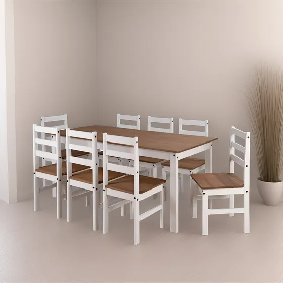 Juego De Comedor Madera Maciza Mesa Y 8 Sillas Tapizadas Color Blanco