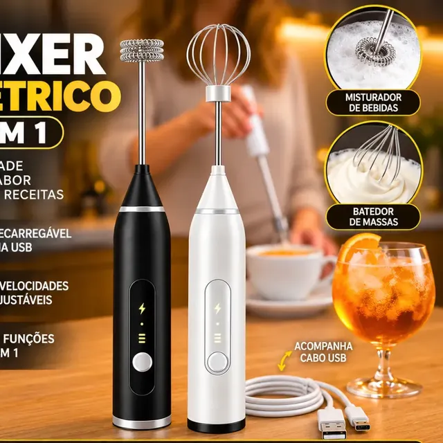 Mini Mixer Misturador De Bebidas Elétrico 2 Em 1 Portátil Recarregável Mexedor De Ovos Leite Whey Café Espuma Shake Drinks Capuccino Suco Blackbom