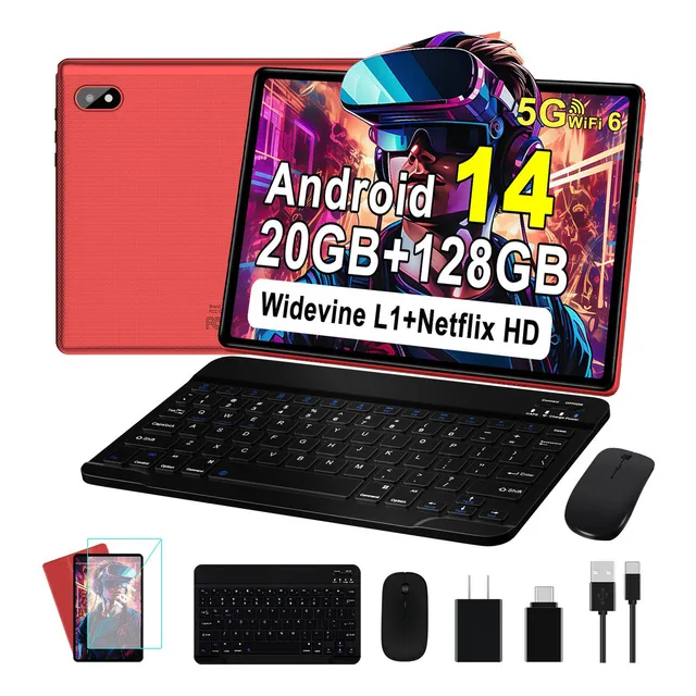 Tableta Android 14 Erok Q6 Hd Ips 10.1 20gb 128gb 1tbtf 8 Nucleos con Funda Color Rojo con Teclado Mouse Funda Octa-core 1.8 Ghz hd Widevine L1 6000mah Bt5.0 Con Funda Mouse Teclado