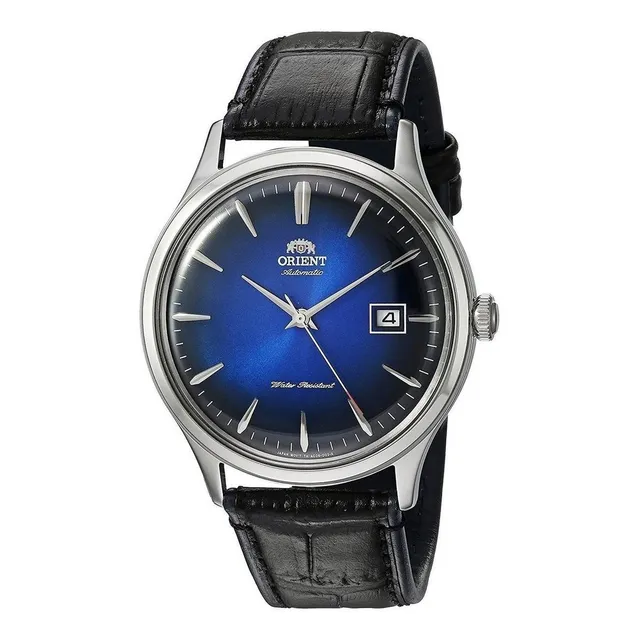 Reloj pulsera Orient FAC0800 con correa de cuero color negro - fondo azul - bisel plateado