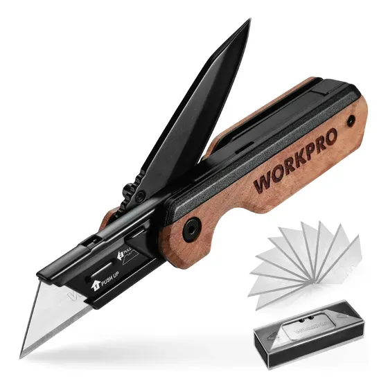 Navaja plegable/cuchillo multiusos 2 en 1 WORKPRO: regalo para papá, cúter de cambio rápido con clip para cinturón y bloqueo de línea, incluye 10 hojas SK5 de repuesto
