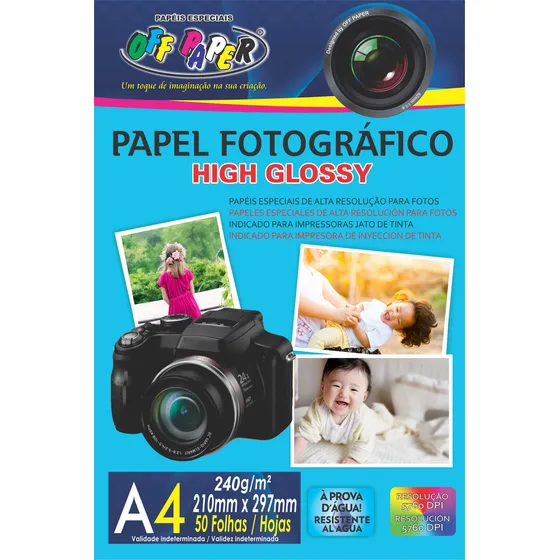 Papel Fotográfico A4 High Glossy 240g 50 Folhas Super Grossa Cor Branco