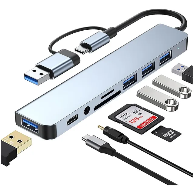 Adaptador Usb C Hub Tipo C, 8 En 1, Multipuerto, Usb 3.0, Sd