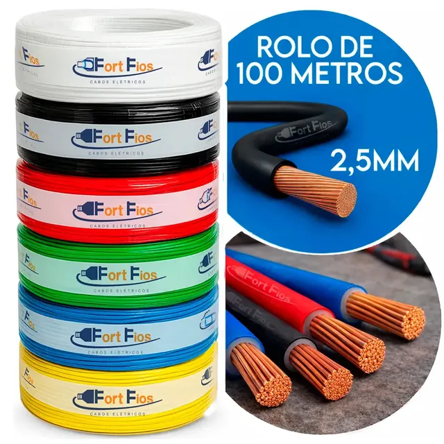 Fio Elétrico 2,5mm Preto Cabo Flexível Rolo Com 100m Metros 750v Antichamas