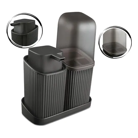 Kit Banheiro Porta Escova C/ Dispenser Liquido Linha Premium Cor Preto