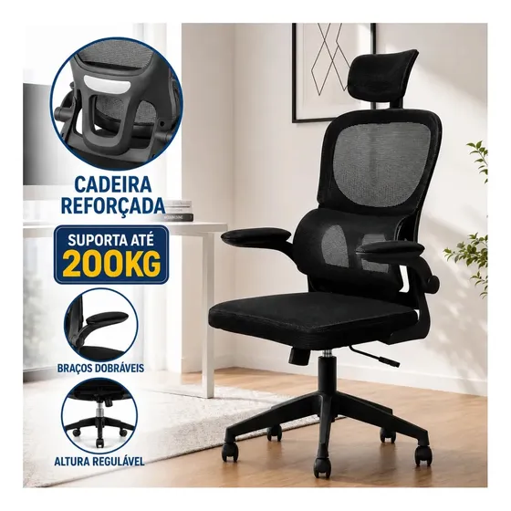Cadeira de Escritório Ergonômica Cadeira DG Giratória Com Apoio Lombar e Braços Dobráveis Espuma Viva