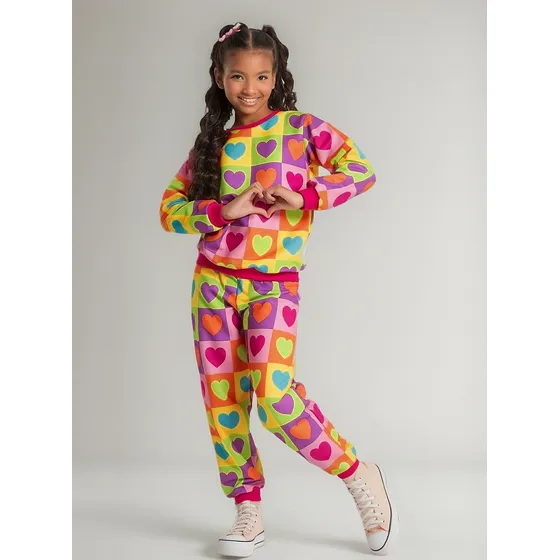 Look De Inverno Menina Pink Blusão E Calça Moletom Coração