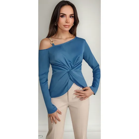 Blusa Dama Azul Asimétrica Con Detalle De Cadena 961-24