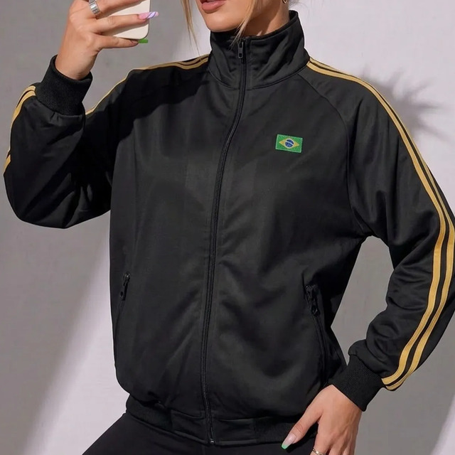 Jaqueta Feminina Casaco Manga Longa Tendência Brasil Copa Preto Jaqueta Feminina Casaco Manga Longa Tendência Brasil Copa Preto