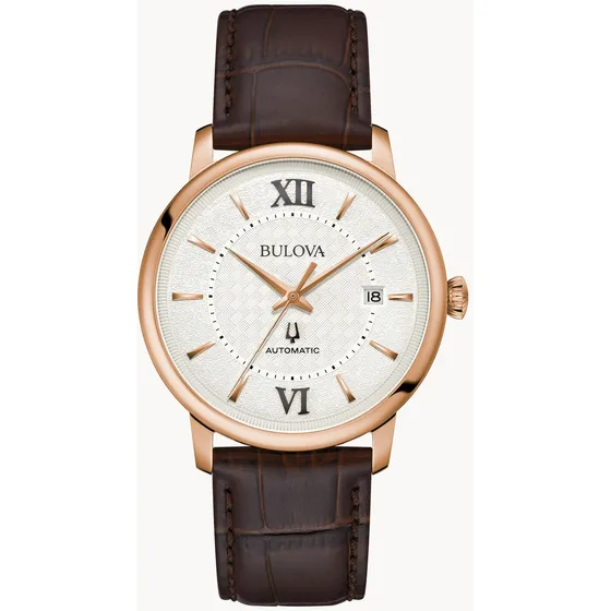Reloj Bulova Automatico Para Hombre 97b225 Classic Hudson Correa Café Bisel Oro Rosa Fondo Blanco