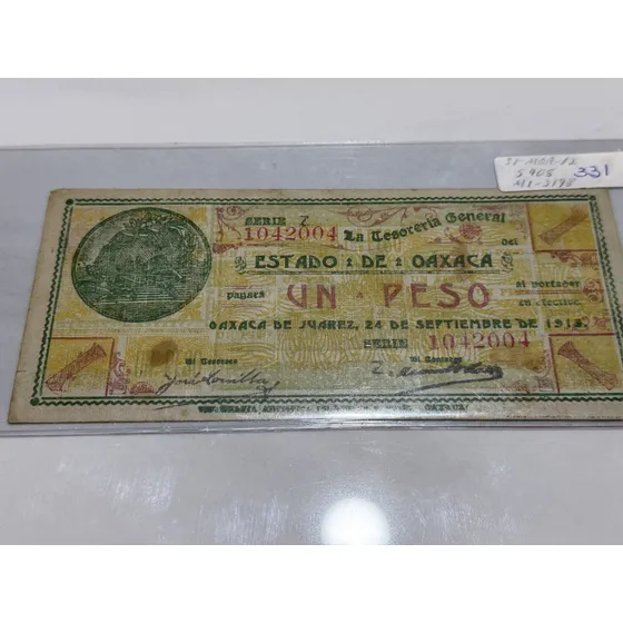 Billete Antiguo - Tesorería General Estado De Oaxaca 1913