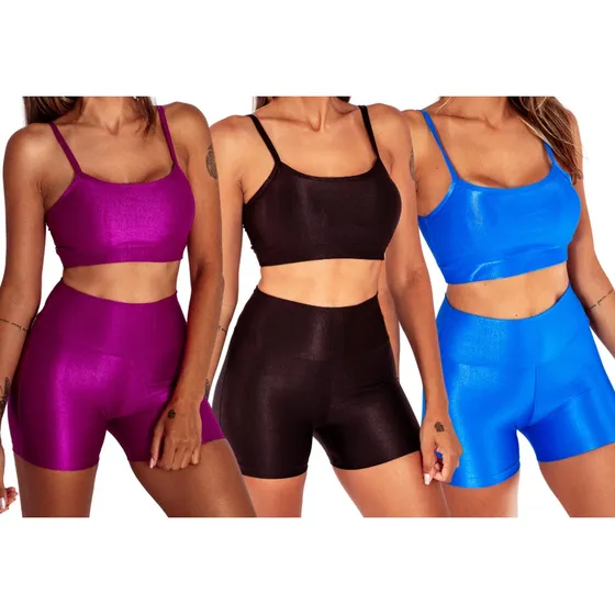 Kit C/3 Conjuntos Shine Top + Shorts Cintura Alta Alcinha