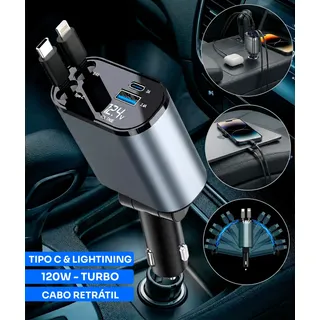 Carregador Veicular Automotivo 12v Com Cabo Retrátil Para Carros Caminhão Plug Acendedor Carga Rápida 120w 80cm... Chumbo - Preto