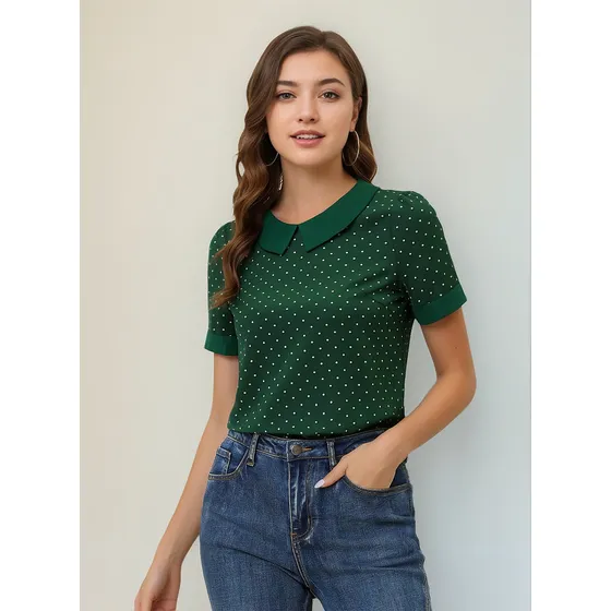 Blusa Vintage Mujer Camisa De Cuello Peter Pan Tops De Lunar
