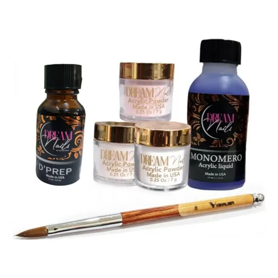 Kit Uñas Acrilicas, Monómero, 3polvos, Deshidratador, Pincel