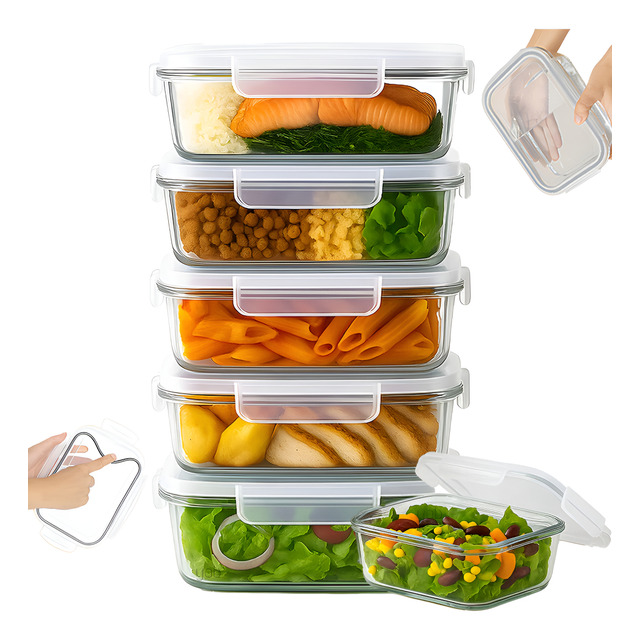 Yab - Kit 5 Potes De Vidro Marmita C/ Tampa Hermético 640ml Retangular 4 Travas Borossilic...