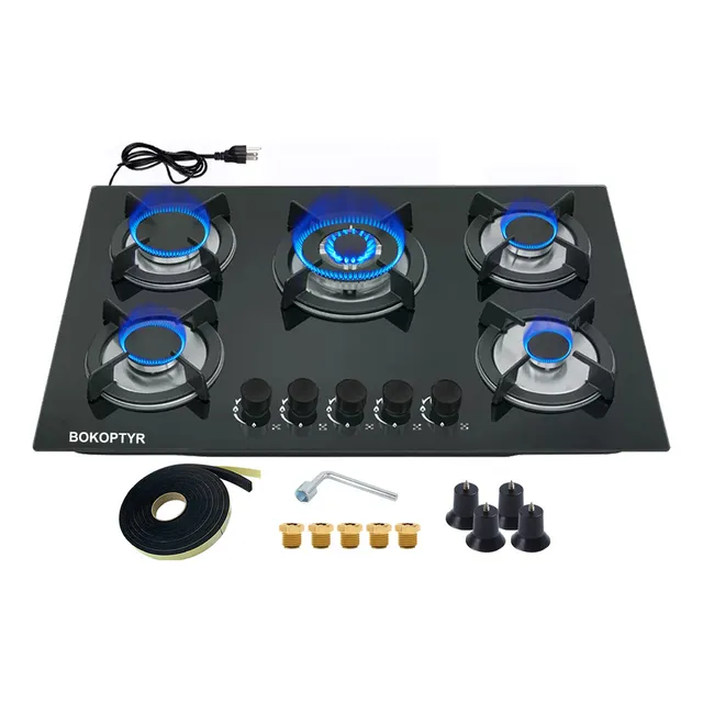 Parrilla Bokoptyr Empotrable Cristal Premium Templado Estufa De Lujo 5 Quemadores Gas/lpg Color Negro 110v Con Función De Protección Contra Sobrecalentamiento Ahorro De Energía Fácil Limpieza