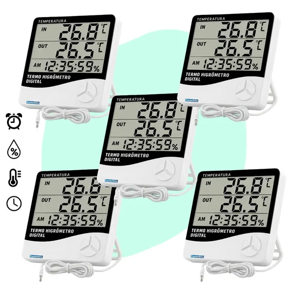 Kit 5 Relógio Termo Higrômetro Digital Com Sensor Externo Interno Medidor De Temperatura Umidade Ar Termômetro De Ambiente Tumblr