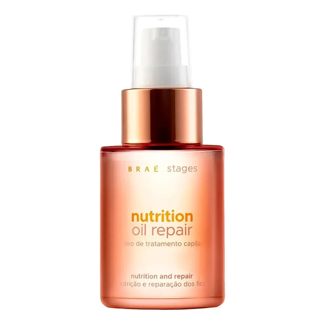 Frasco de vidro translúcido com tons alaranjados do óleo capilar Braé Stages Nutrition Repair de 60ml com válvula pump transparente