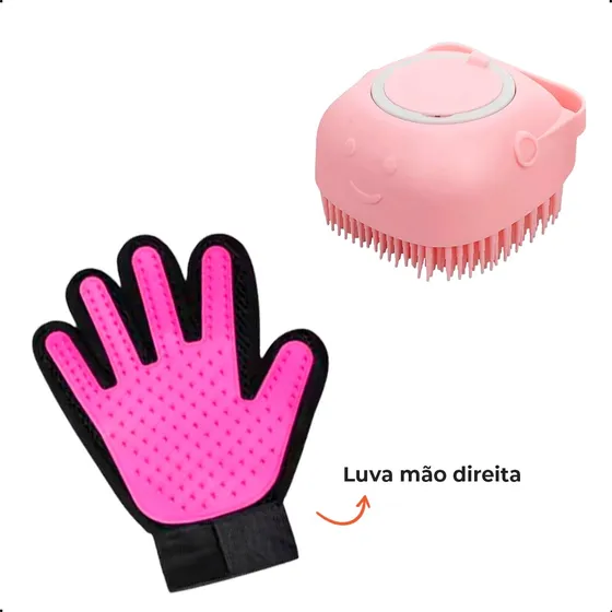 Kit Luva + Lava Pelo Escova Com Dispenser Pet Banho Shampoo