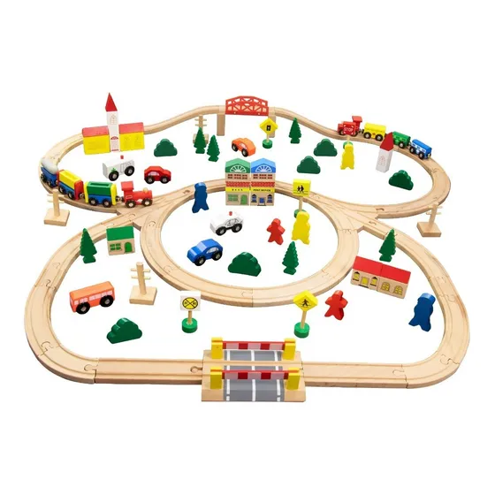 Kids House Juego Tren De Madera, Juguete Para Niños Color Madera, Kids House 100 Piezas Con Uniones Magnéticas